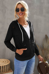 Kapuzenpullover im Used-Look mit Reißverschluss und Kordelzug