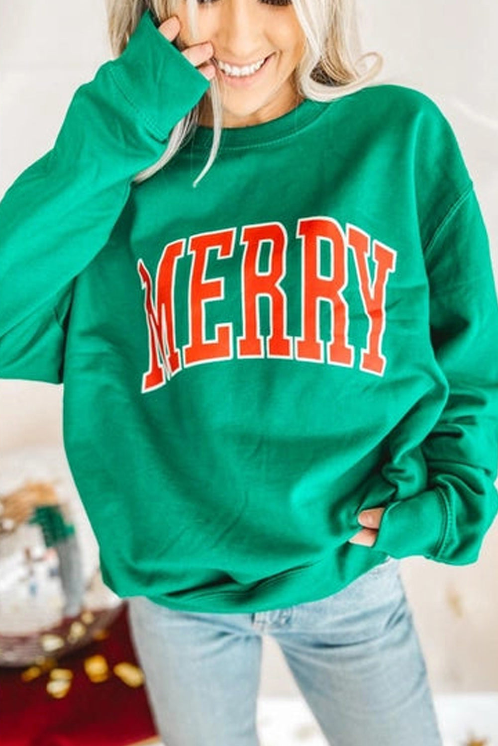 Sweat-shirt vert à manches tombantes et imprimé MERRY