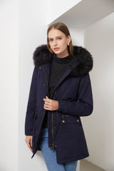 Parka Fleece Lined Coat with Fur Collar Hooded Warm Jacket Loose Cotton Coat Plus Size