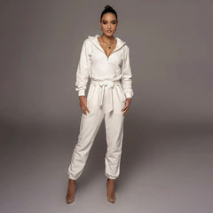 Slim Fit Long Sleeve Solid Color Hooded Half Open Collar Urban Casual Jumpsuit