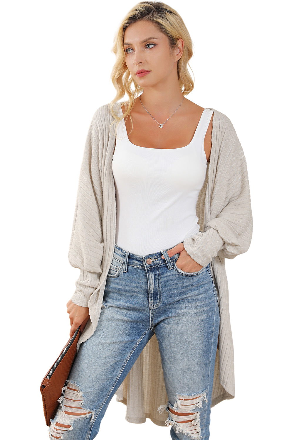 Parchment Batwing Sleeve Ribbed Knit Oversized Cardigan