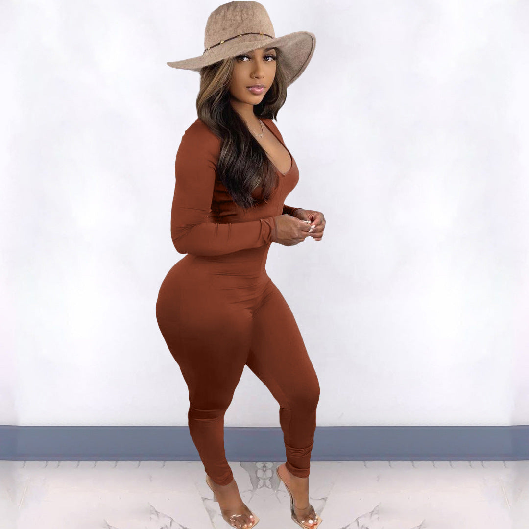 Solid Color V neck Stitching Pleating Jumpsuit