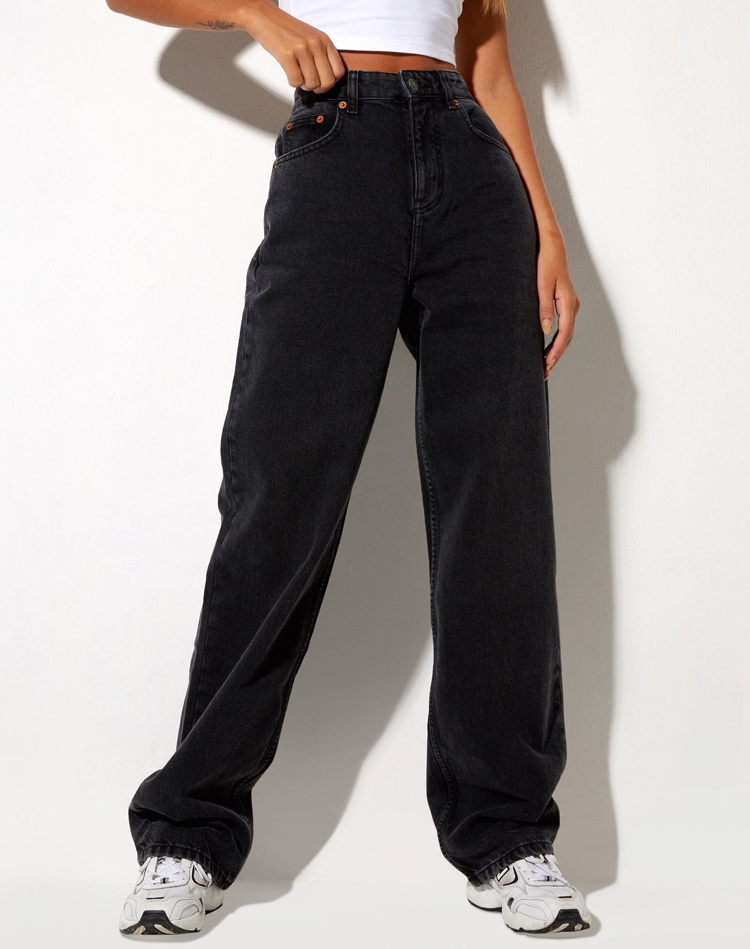 Pantalon en jean noir taille haute, ample, droit, cool, drapé, baskets de rue, pantalon papa, serpillière