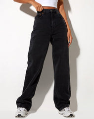 Pantalon en jean noir taille haute, ample, droit, cool, drapé, baskets de rue, pantalon papa, serpillière