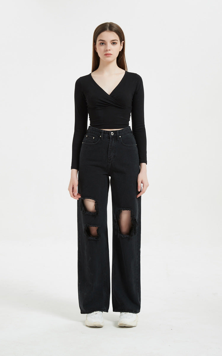 Jean taille haute déchiré et pantalon droit