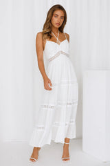 Sommerkleid, schlicht, V-Ausschnitt, Brust, Schnürung, weißes A-Linien-Kleid
