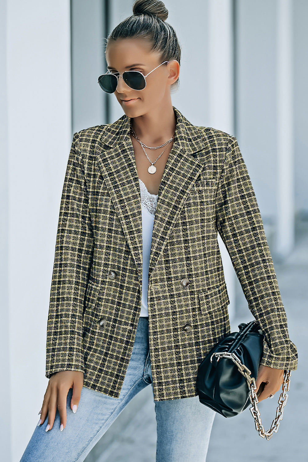 Karierter, zweireihiger Blazer mit langen Ärmeln
