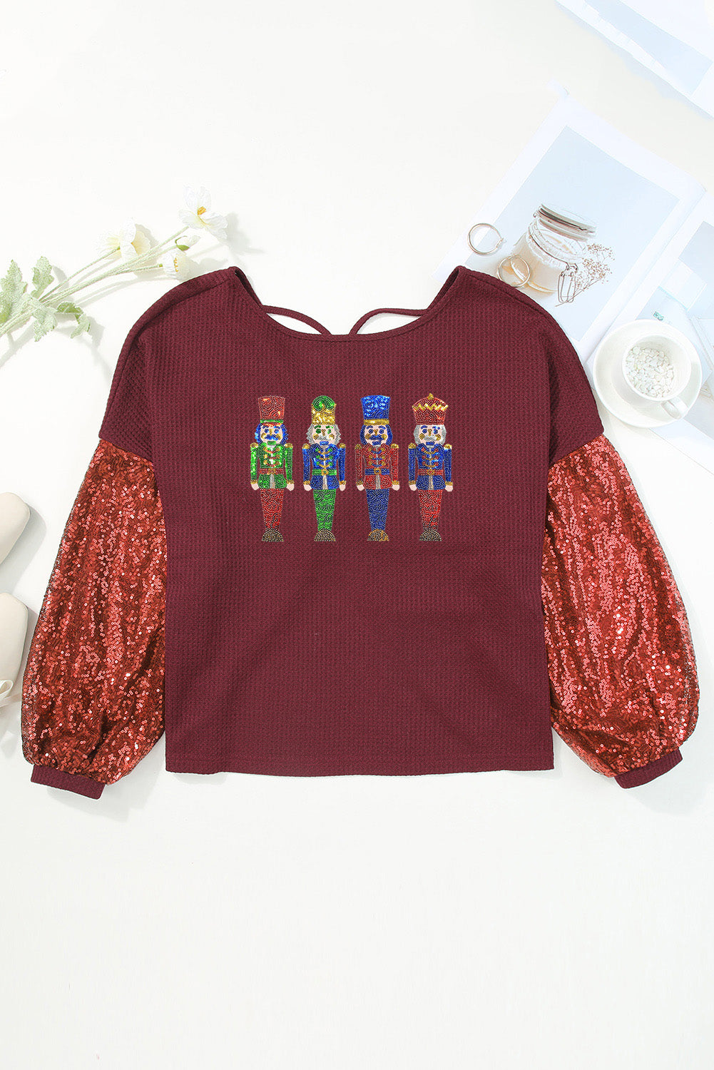Burgundy Sequins Sleeve Christmas Nutcracker Graphic Knit Top