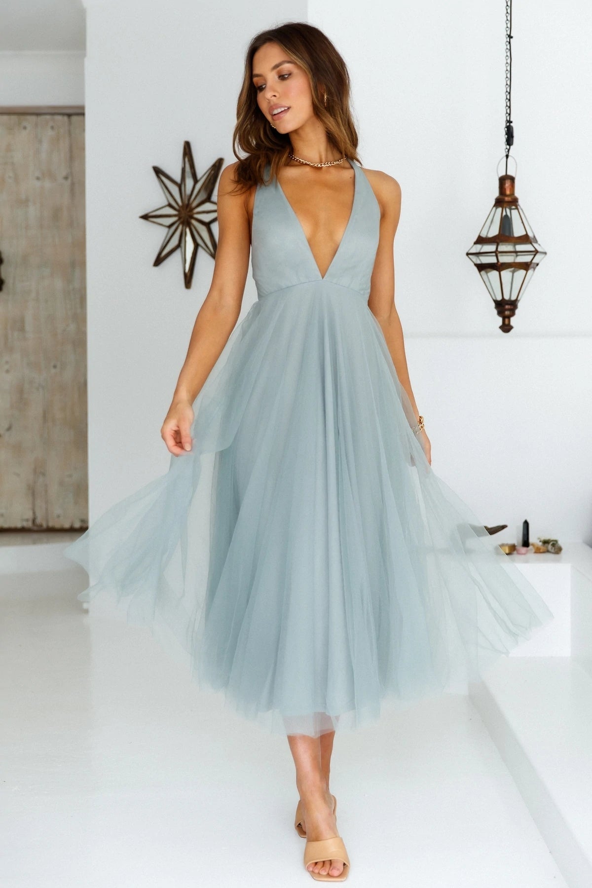 French Deep V-neck Backless Gauzy High Waist Maxi Dress Female