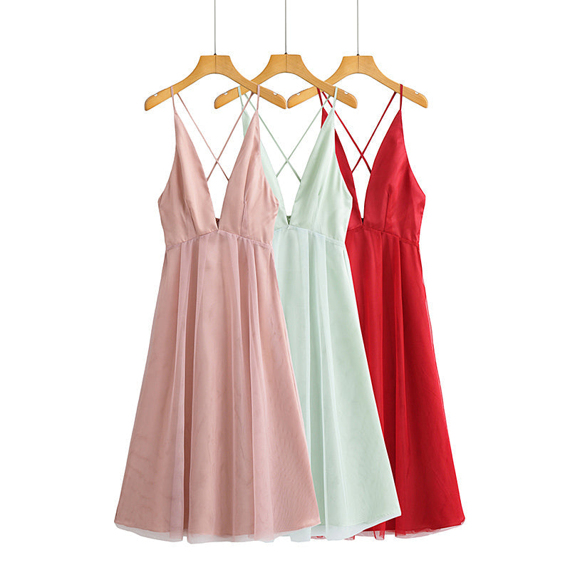 French Deep V-neck Backless Gauzy High Waist Maxi Dress Female