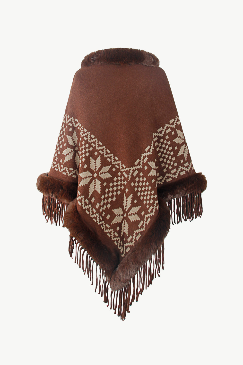 Patterned Faux Fur Trim Fringe Hem Poncho