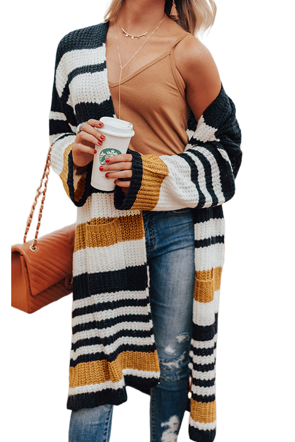 Striped Drop Shoulder Open Front Long Cardigan