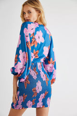 French Floral Print Lace-up Hollow Out Cutout Long Sleeve Dress Casual