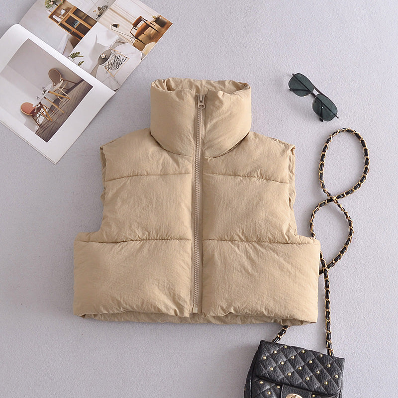 Fall High Collar Zipper Short Quilted Vest