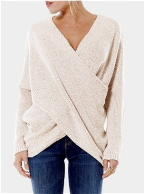 Pull tricoté à manches longues et col en V croisé, couleur unie, simple et chaud