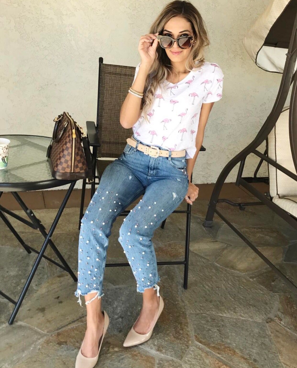 Pantalon en jean déchiré, taille haute, slim, droit, clouté de perles, irrégulier, asymétrique, avec pompons