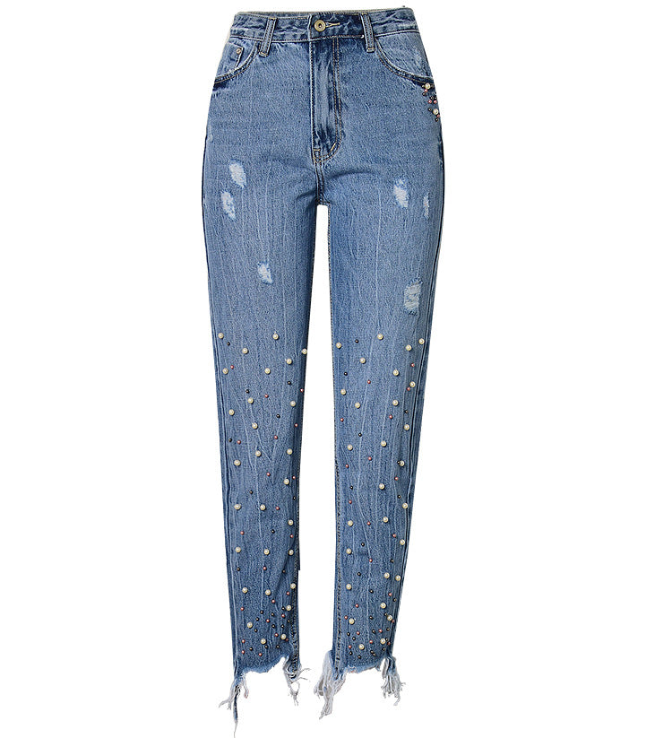 Pantalon en jean déchiré, taille haute, slim, droit, clouté de perles, irrégulier, asymétrique, avec pompons