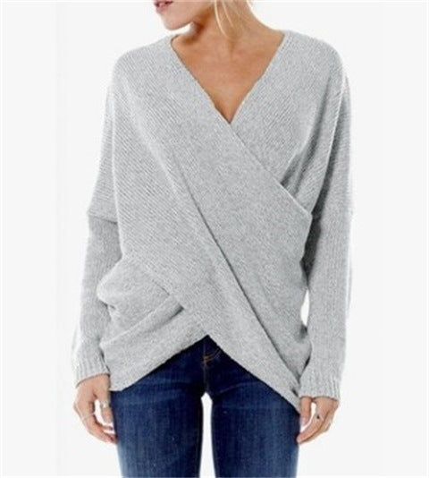 Pull tricoté à manches longues et col en V croisé, couleur unie, simple et chaud