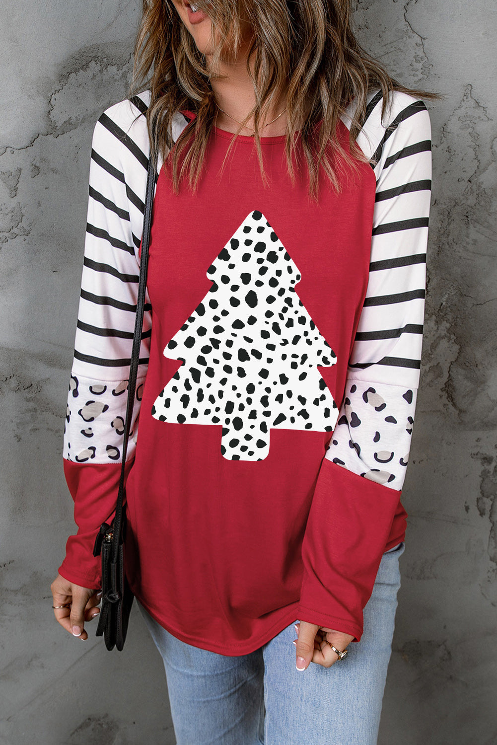 Red Leopard Christmas Tree Striped Color Block Graphic Top