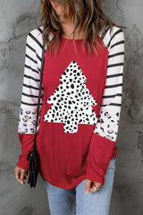 Red Leopard Christmas Tree Striped Color Block Graphic Top