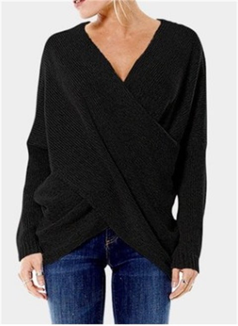Pull tricoté à manches longues et col en V croisé, couleur unie, simple et chaud
