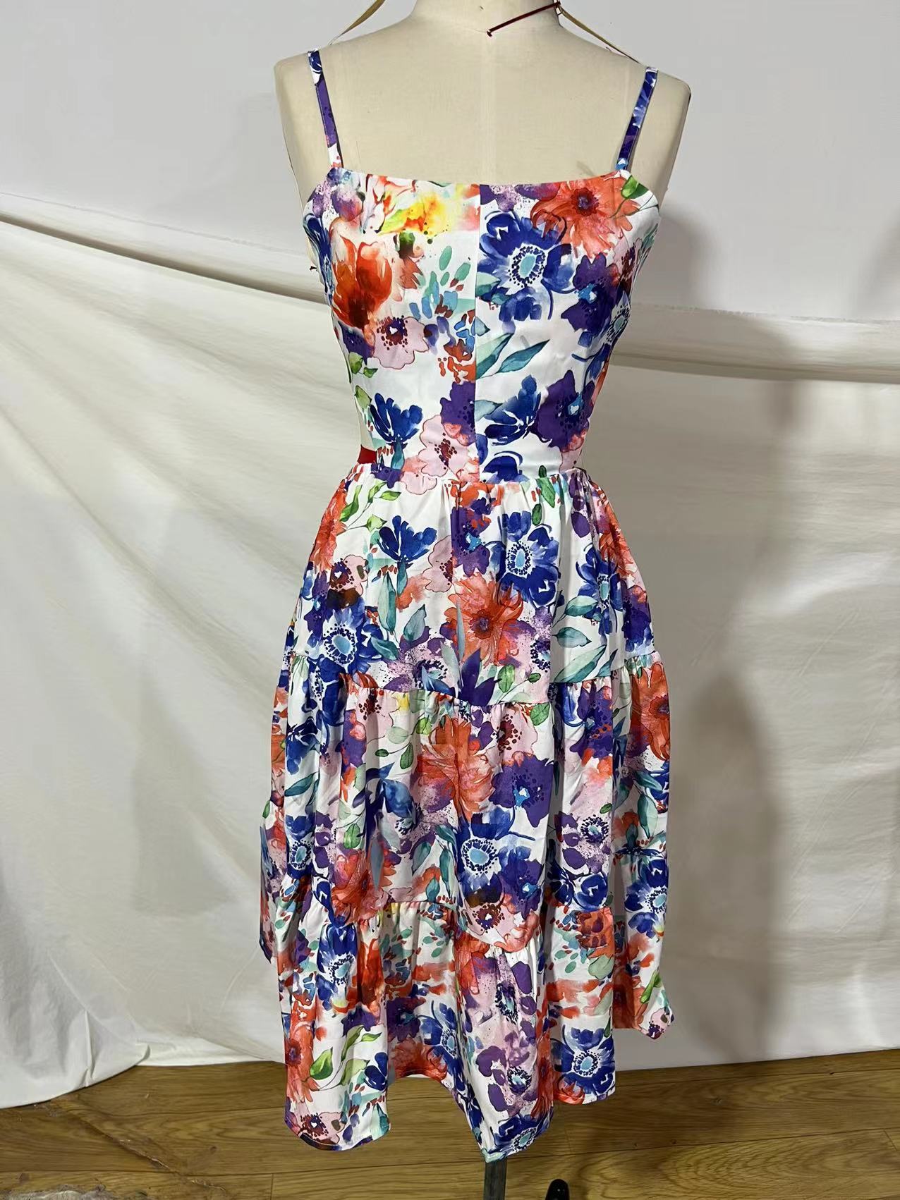 Sundress Printed Strap Backless Lace-up Large Swing Dress
