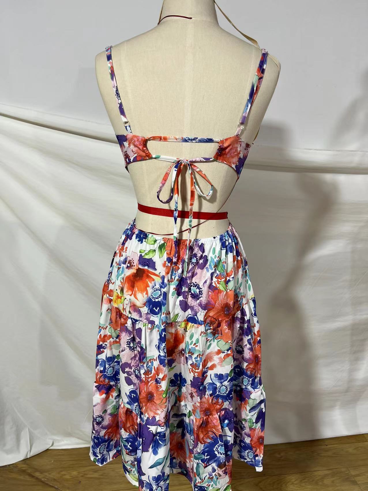 Sundress Printed Strap Backless Lace-up Large Swing Dress