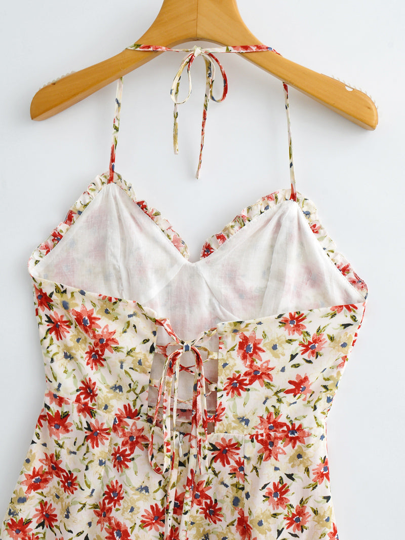 Robe imprimée dos nu à lacets et licou