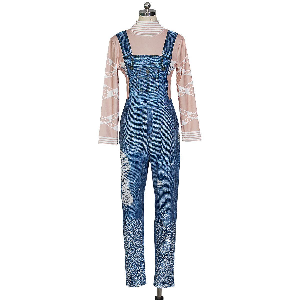 Denim Spaghetti-Strap Floral Print Jumpsuit Turtleneck Slim Fit Bodysuit