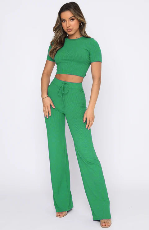 Casual Set Solid Color High-Elastic Body Shaping Short Sleeve Sunken Stripe Wide Leg Pants Two-Piece Set