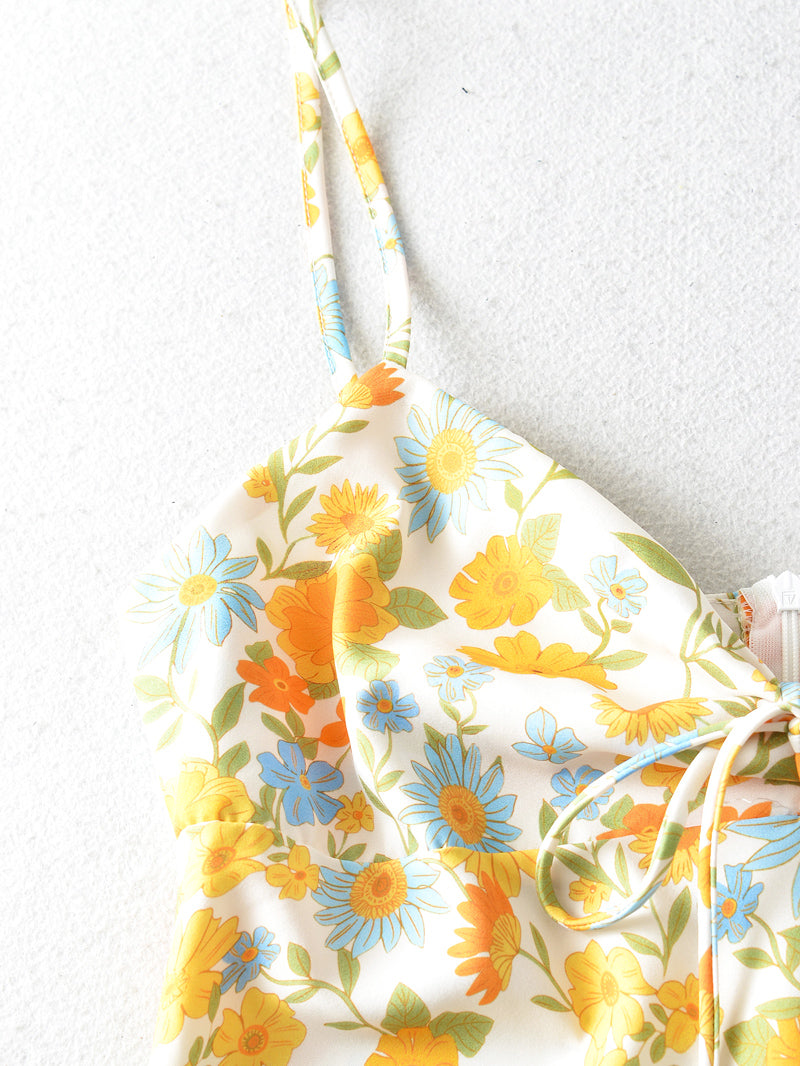 Vacation Printed Lace-up Backless Short Cami Dress Minority Satin Dress sundress