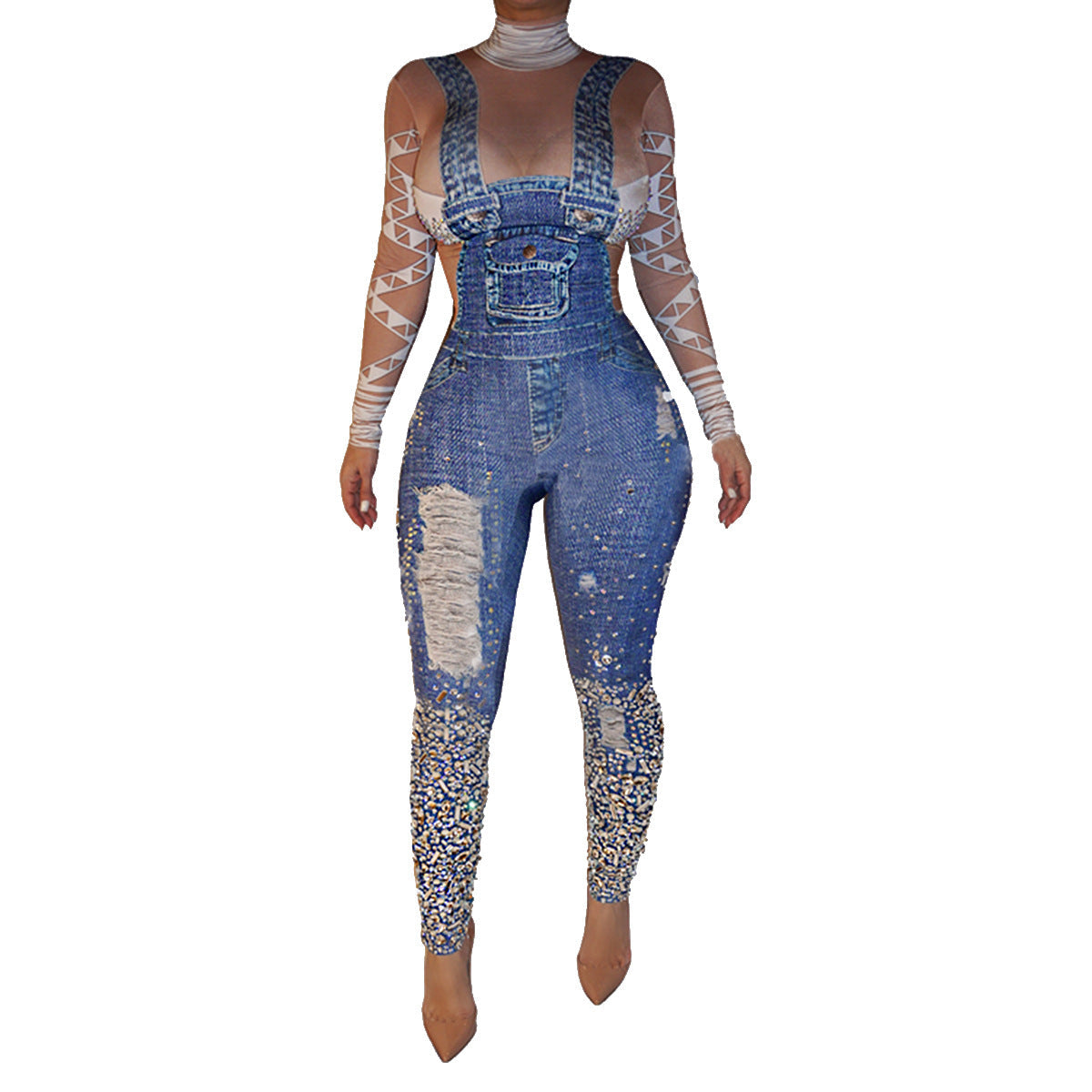 Denim Spaghetti-Strap Floral Print Jumpsuit Turtleneck Slim Fit Bodysuit