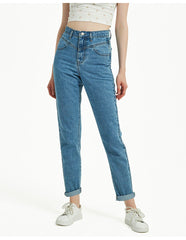 High Waist Slim Straight Washed Denim Trousers Street Feet