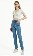 High Waist Slim Straight Washed Denim Trousers Street Feet