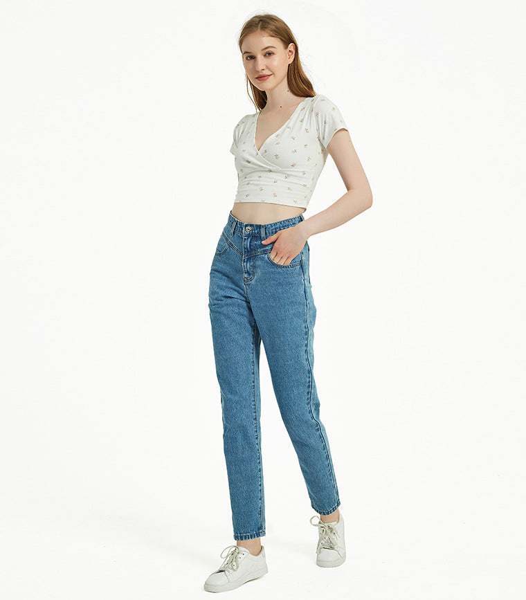 High Waist Slim Straight Washed Denim Trousers Street Feet