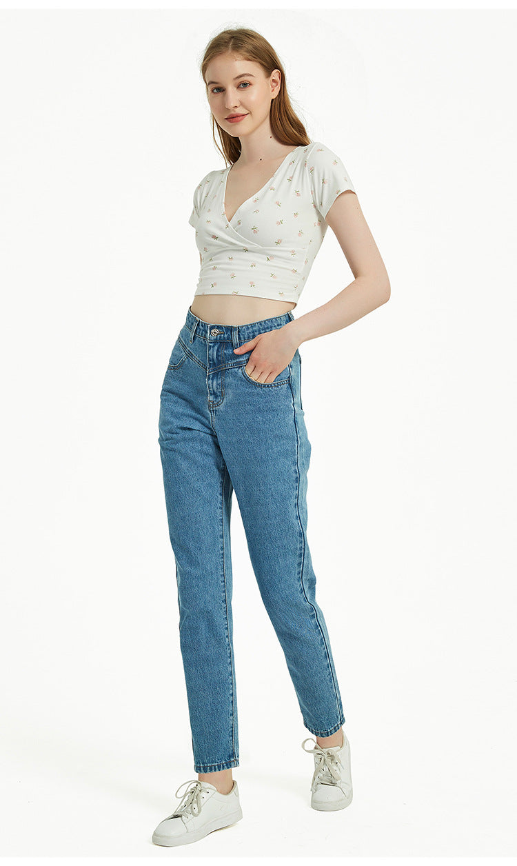 High Waist Slim Straight Washed Denim Trousers Street Feet