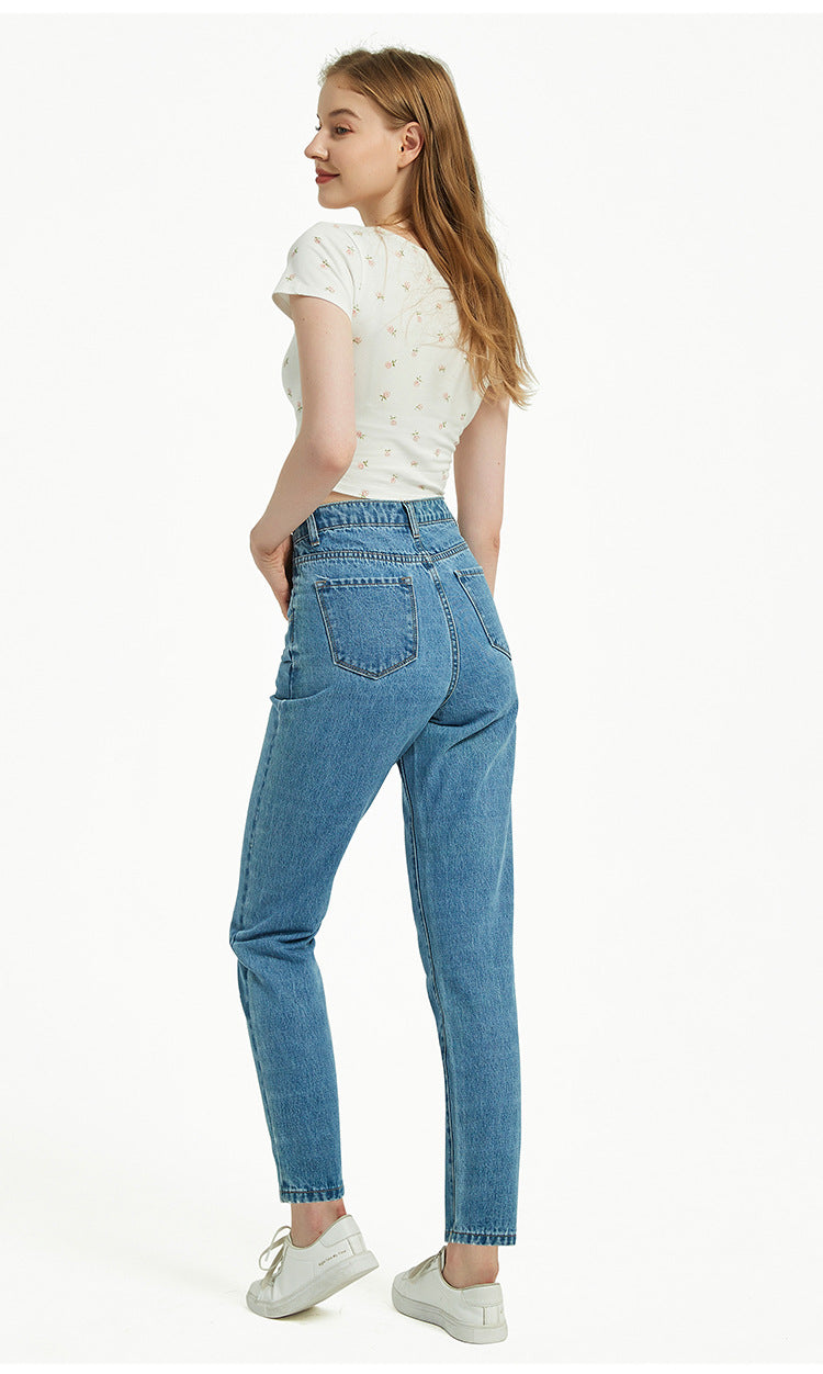 High Waist Slim Straight Washed Denim Trousers Street Feet