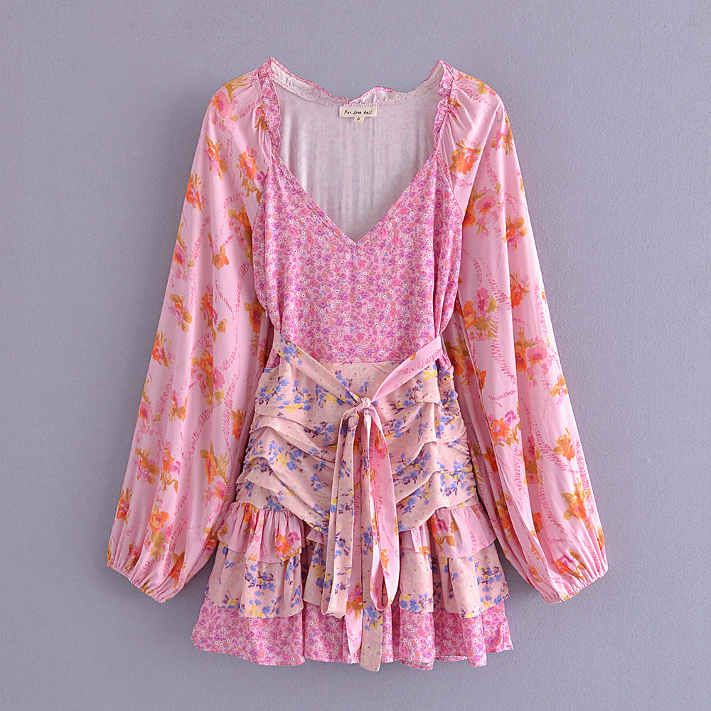 Small Fresh Pullover Pink Color Matching Printed High Waist Dress