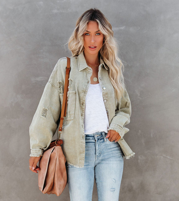 Old Mid Length Ripped Loose Denim Jacket Jacket Coat Multicolor