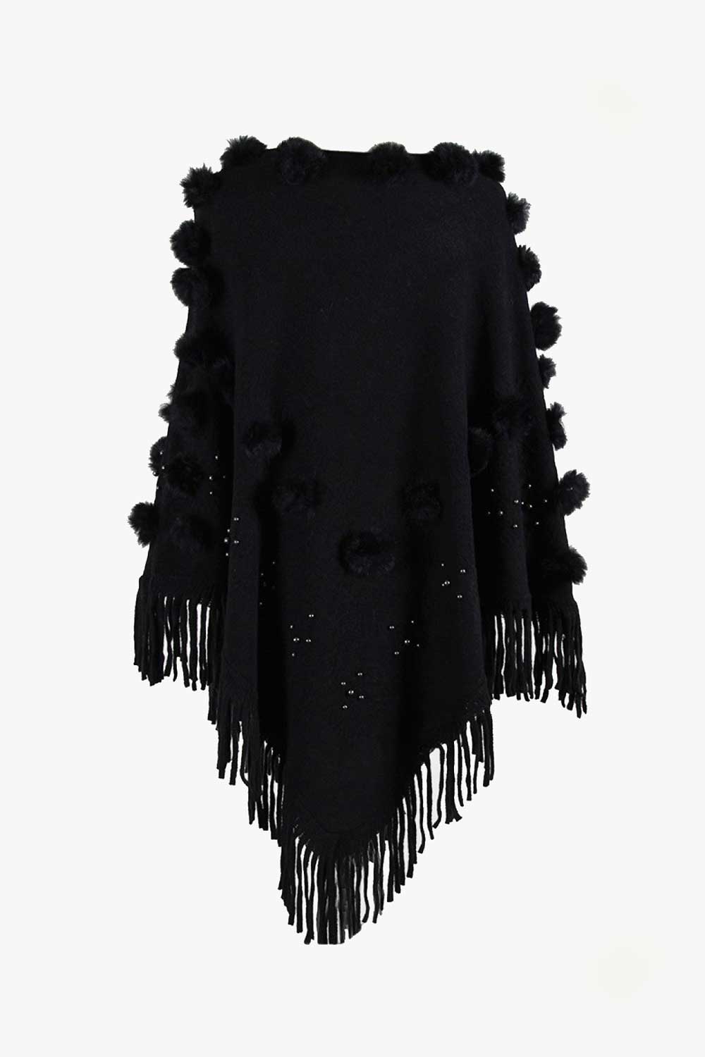 Bead Trim Boat Neck Fringed Poncho