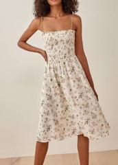 Elastic Wrapped Chest High Waist Print Mid-Length Tie Strap Dress