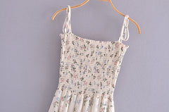 Elastic Wrapped Chest High Waist Print Mid-Length Tie Strap Dress