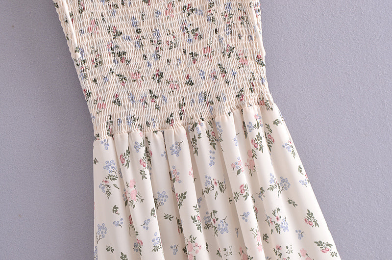 Elastic Wrapped Chest High Waist Print Mid-Length Tie Strap Dress