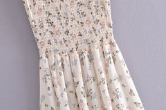 Elastic Wrapped Chest High Waist Print Mid-Length Tie Strap Dress
