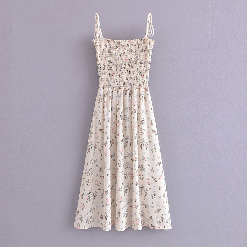Elastic Wrapped Chest High Waist Print Mid-Length Tie Strap Dress