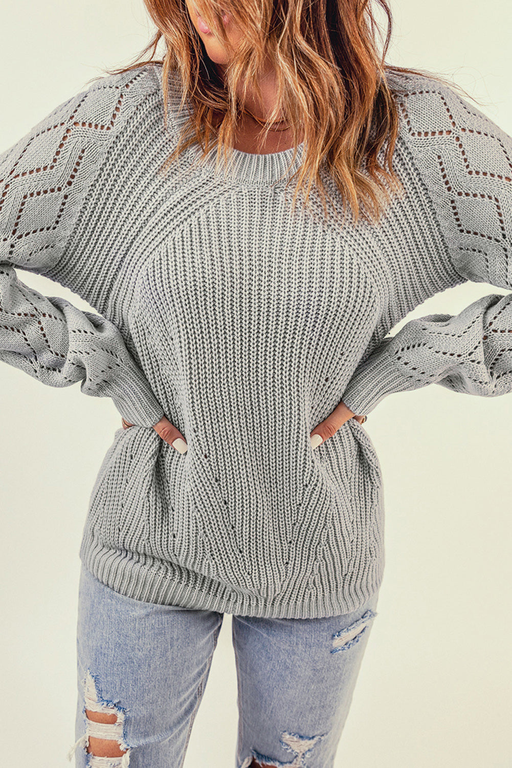 Openwork Round Neck Raglan Sleeve Sweater