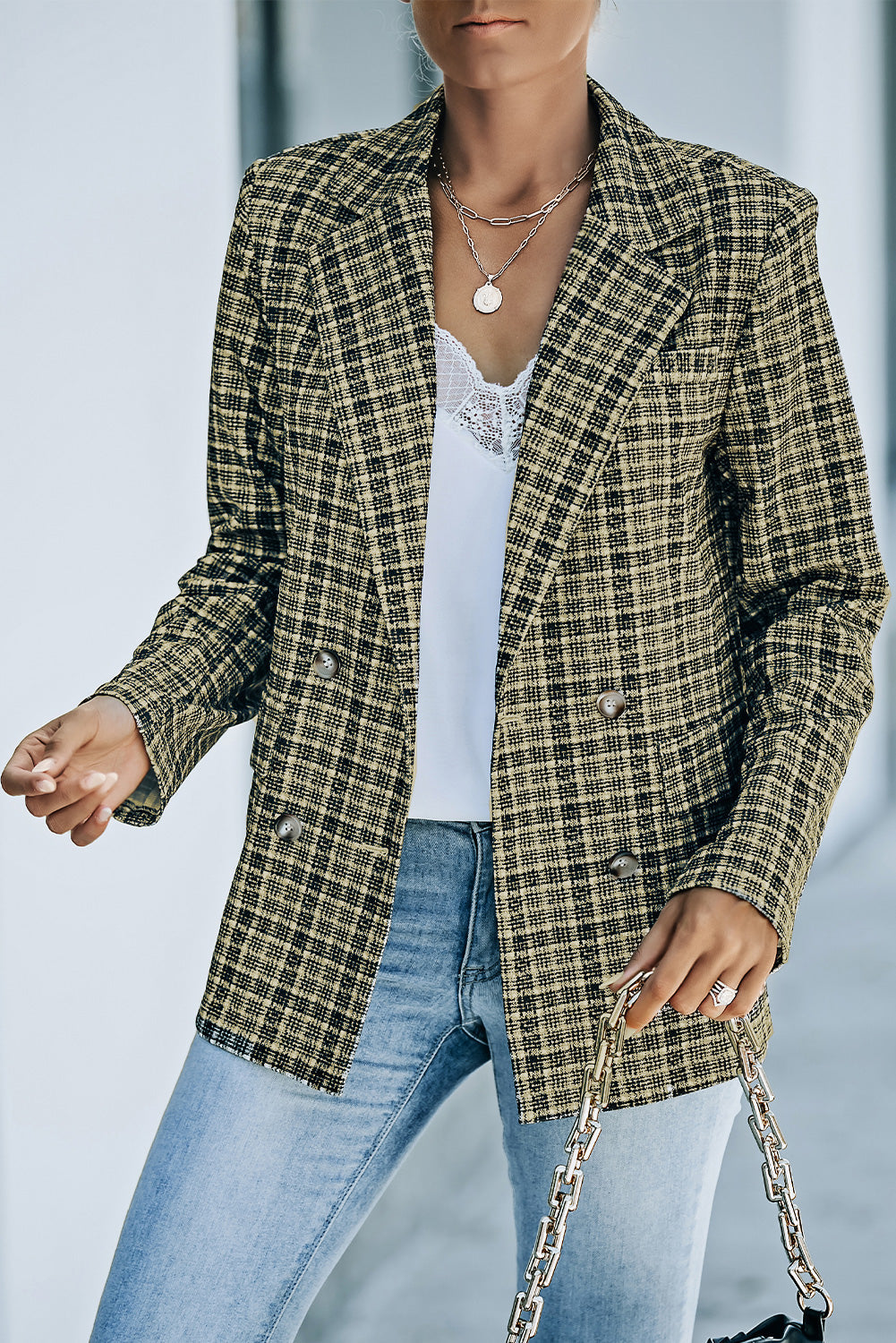 Karierter, zweireihiger Blazer mit langen Ärmeln