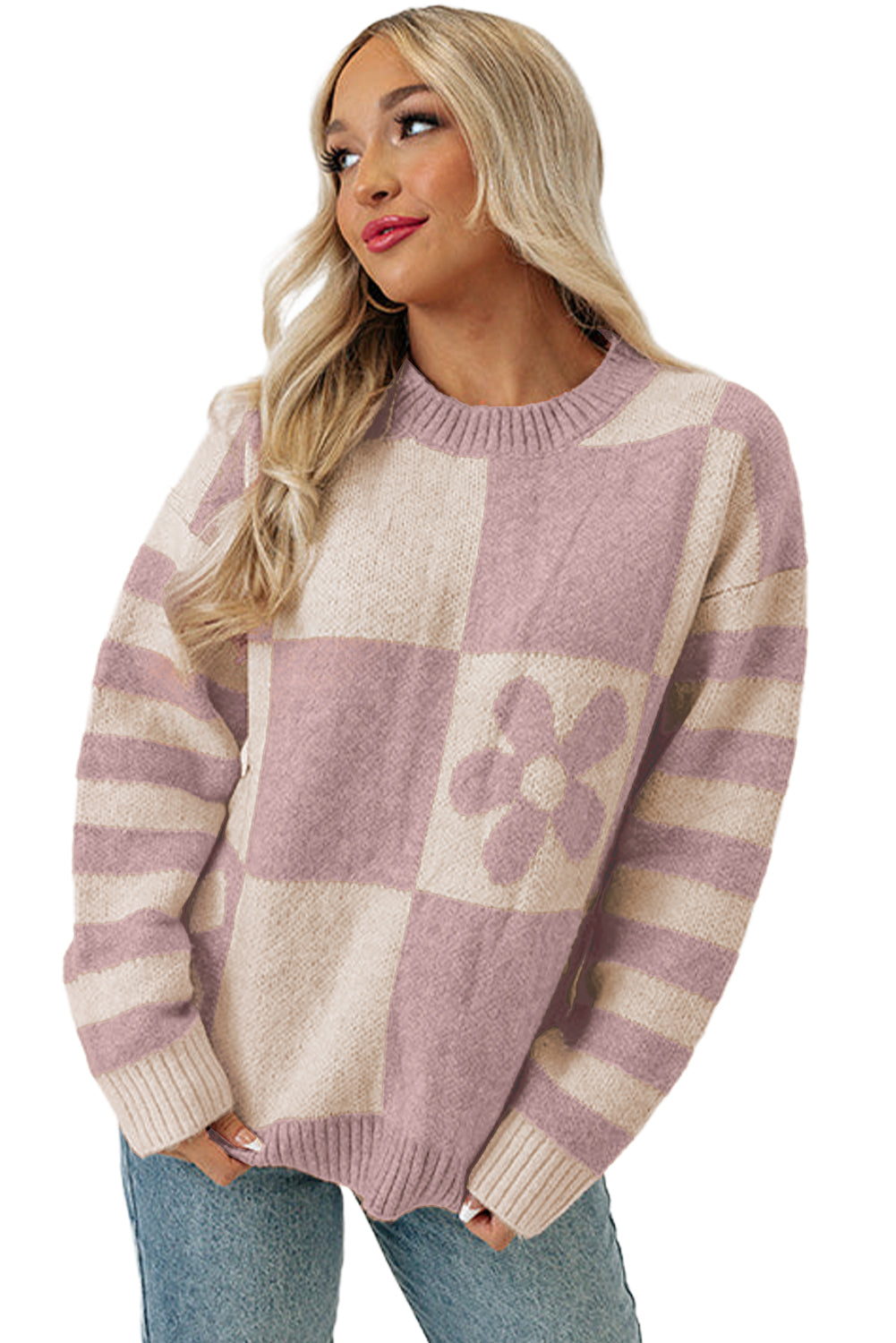Brown Checkered Striped Knitted Pullover Sweater