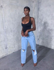 High Waist Loose Straight-Leg Denim Trousers Draping Ripped Sneakers Pants Pull-Down Trousers