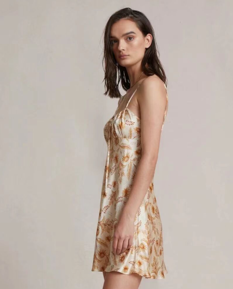 Fresh Printed Backless Slip Dress Sweet Waist Trimming Dress Slim-Fit Tie-Shoulder Floral Dress